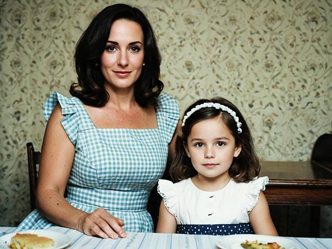 Photograph of a dark-haired woman in a blue gingham dress and a young girl in a white dress with a blue polka dot skirt, sitting