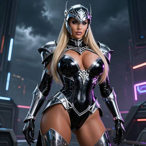 Photorealistic digital image of a blonde, busty woman in shiny black and silver armor with a helmet, standing in a futuristic, neon-lit city