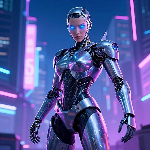 Photorealistic CGI of a sleek, silver, futuristic female android with glowing blue eyes, standing in a neon-lit cyberpunk cityscape.