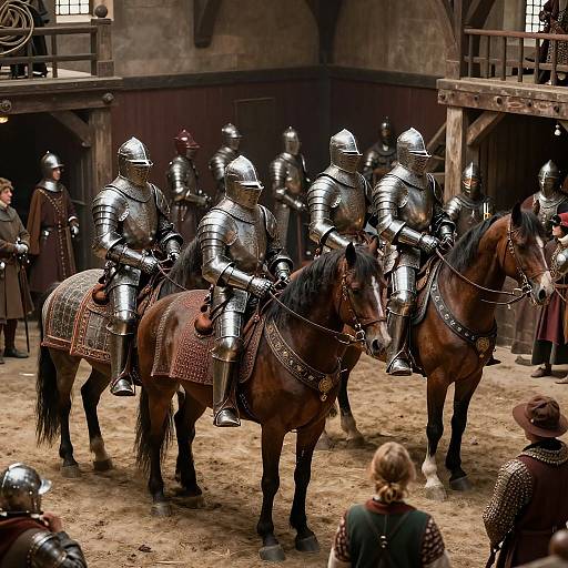 Photograph of medieval knights in shiny silver armor and chainmail, mounted on brown horses, in a stone-walled stable with onlookers.