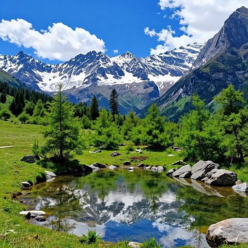 Photograph of a vibrant mountain landscape with snow-capped peaks, clear blue sky, white clouds, green forest, and a reflective pond surrounded by rocks
