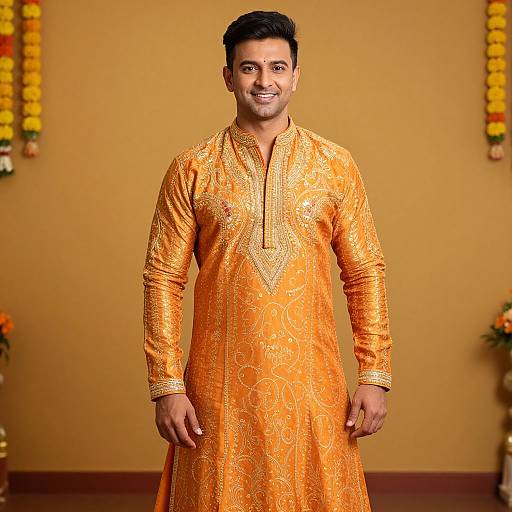 Photograph of a smiling Indian man with short black hair, wearing an ornate orange traditional kurta, standing against a yellow wall decorated with garlands