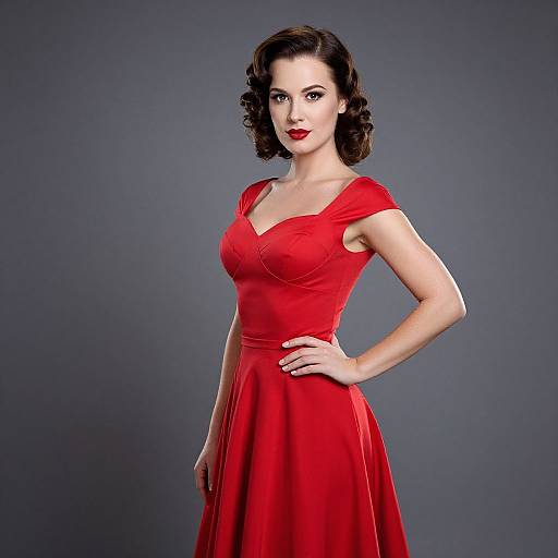 Photograph of a fair-skinned woman with vintage-style dark curly hair, wearing a vibrant red, V-neck, sleeveless dress, standing confidently with