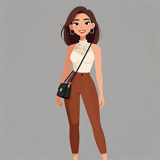 Digital illustration of a smiling woman with straight brown hair, wearing a white lace top, brown high-waisted pants, black shoulder bag, and hoop