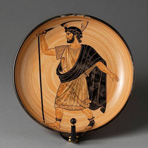 Ancient Greek relief-style ceramic bowl with black-line drawing of bearded male warrior in toga, holding spear, standing on pedestal.
