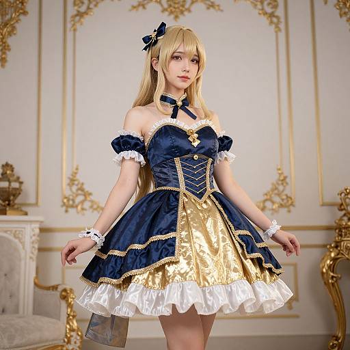 Photograph of a blonde woman in a blue and gold Victorian-style, frilled dress with white lace, standing in an ornate, gold-decor