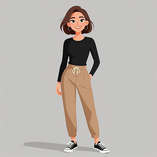 Digital illustration of a smiling woman with brown hair, wearing a black long-sleeve top, tan high-waisted pants, and black sneakers,