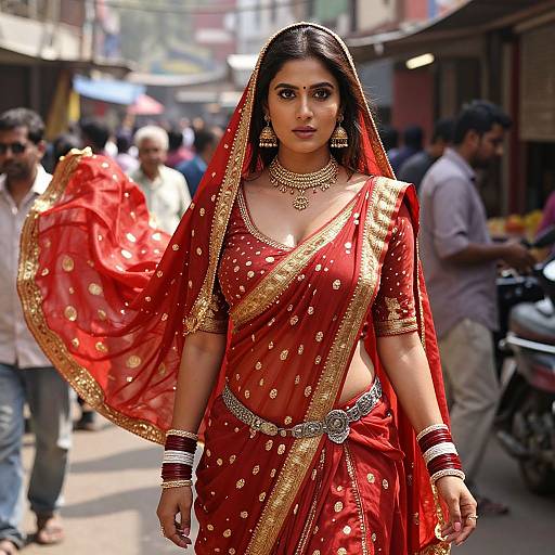 Photograph of an Indian woman in a red, gold-embroidered sari with a sheer veil, wearing gold jewelry, walking confidently in a