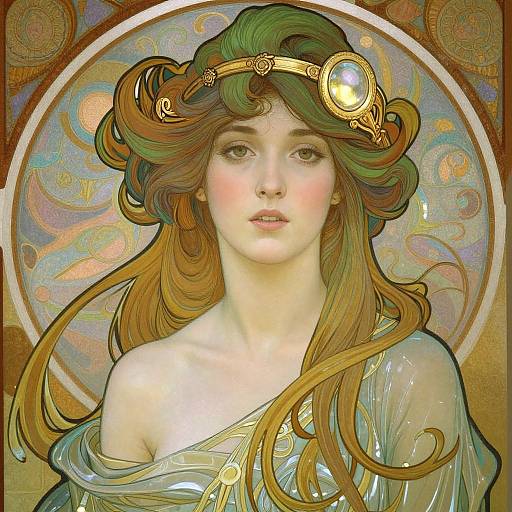 Digital artwork of a fair-skinned, delicate-faced woman with green and brown hair, wearing a golden headpiece and translucent dress, against an ornate