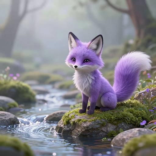 Digital illustration of a cute, purple fox with large ears and fluffy tail, sitting on a mossy rock by a sparkling stream in a misty forest