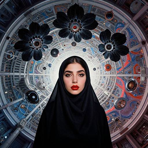 Digital art of a woman with pale skin, red lips, and black hijab, centered against a futuristic, metallic, flower-patterned background.