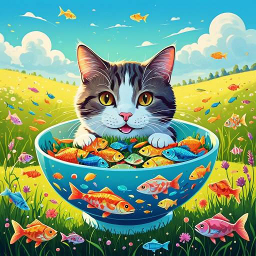Happy Cartoon Cat with Colorful Fish Bowl