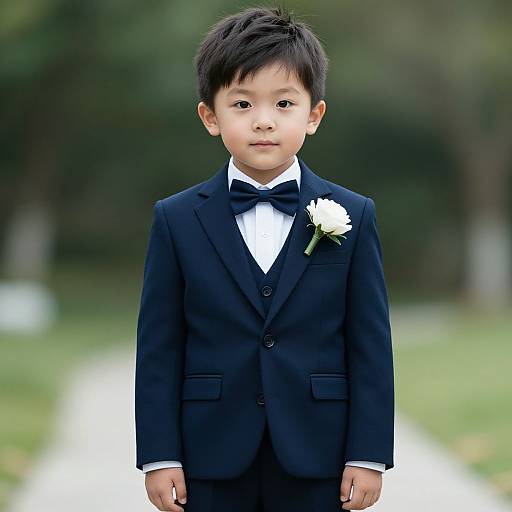 Photograph of an Asian toddler in a navy blue suit, white shirt, black bow tie, and white flower boutonnière, standing on a