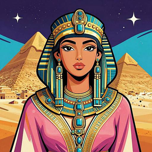 Digital illustration of an Egyptian woman with dark skin, wearing an ornate headdress and jewelry, in front of pyramids under a starry night sky