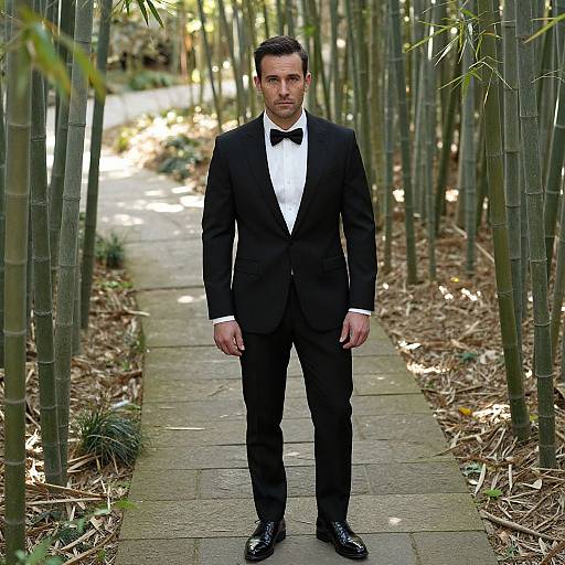 Photograph of a serious, handsome man in a black tuxedo, white shirt, and black bow tie, standing on a bamboo-lined path.