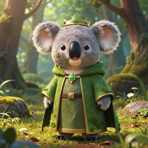 CGI image of a cute, chubby koala wearing a green royal cloak and gold crown, standing in a sunlit, enchanted forest.