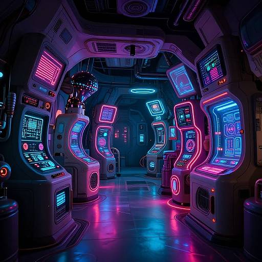 Photograph of a futuristic spaceship control room with neon blue, pink, and purple-lit panels and screens, creating a vibrant, sci-fi atmosphere.