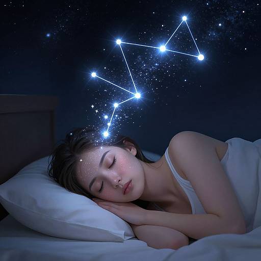 Photograph of a young woman with closed eyes, sleeping on a white pillow and bed, under a dark night sky with constellation lights above her head.