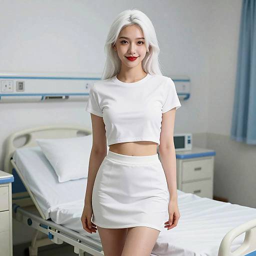 Photograph of an Asian woman with long white hair, red lipstick, wearing a white crop top and mini skirt, standing in a bright, modern hospital