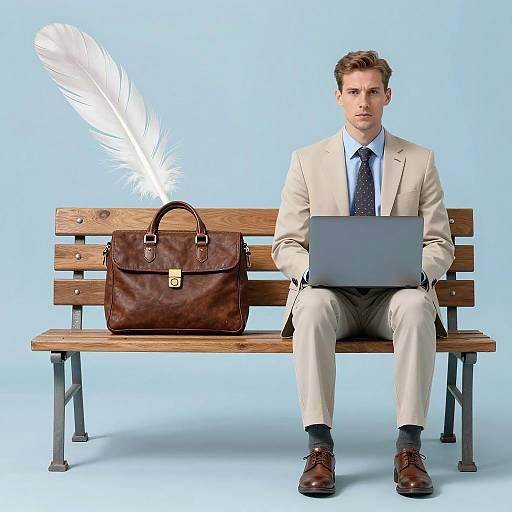 Businessman with Laptop Sitting on Bench