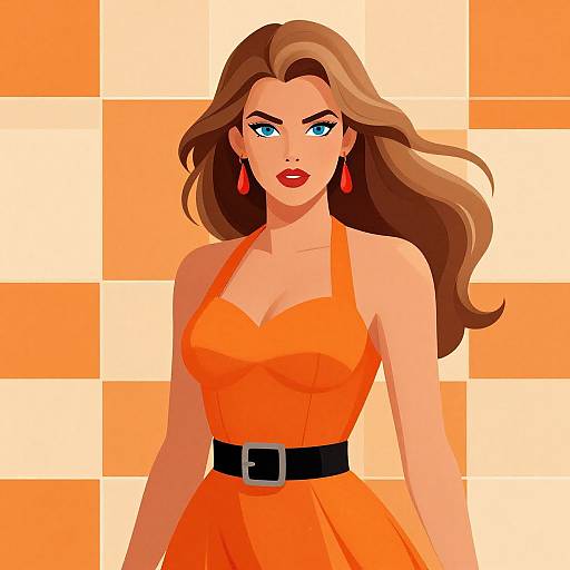 Digital illustration of a confident woman with long brown hair, blue eyes, red lips, orange dress, black belt, and red earrings, against a vibrant