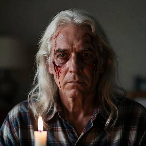 Older man with bloodied face and candlelight
