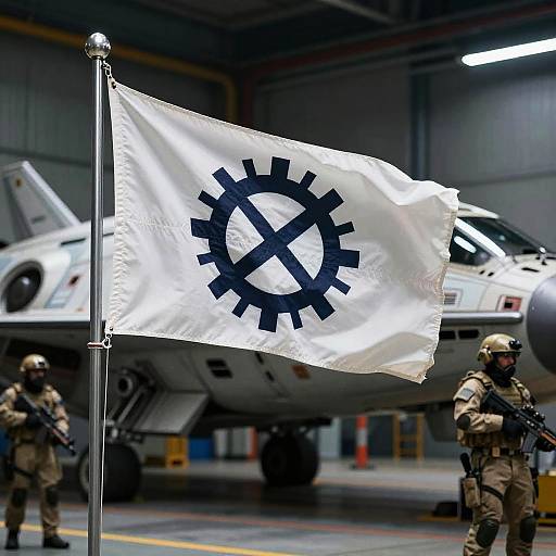 Photograph of two armed soldiers in beige uniforms standing in a dimly lit hangar, with a white flag featuring a black gear symbol flying in front