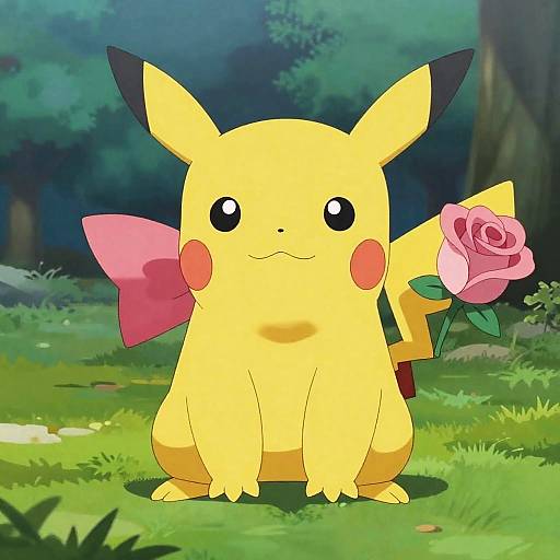 Shiny Pikachu with Rose and Pink Bow in Forest