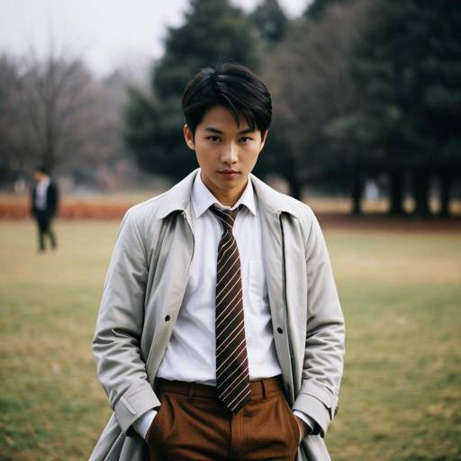 Young Asian Man Wearing Coat and Tie Outdoors