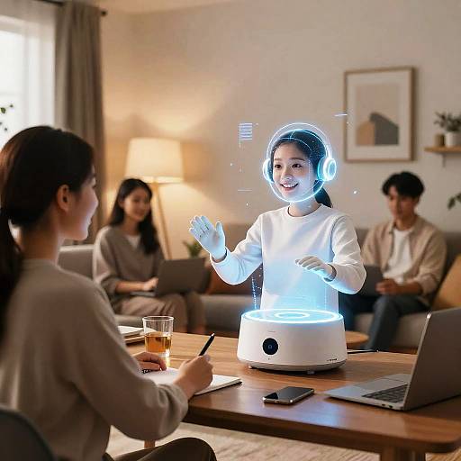 Photograph of a modern living room with three people; a glowing, holographic female robot with blue lights and headphones, smiling, interacting with seated individuals