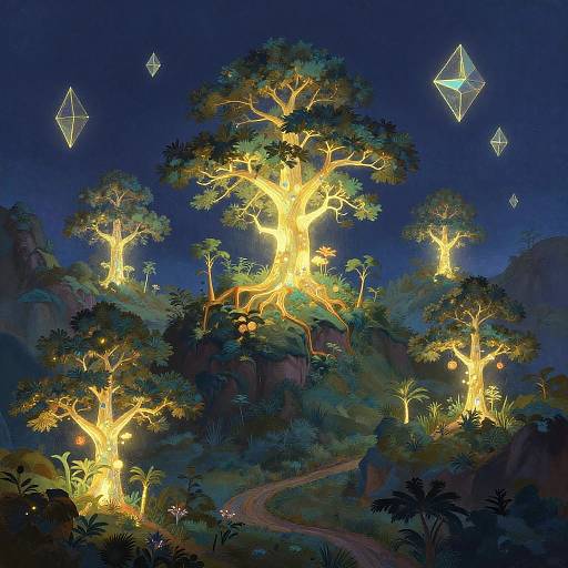 Digital artwork of a magical forest at night, featuring luminous, glowing trees with yellow light, floating diamond shapes, and a winding path.