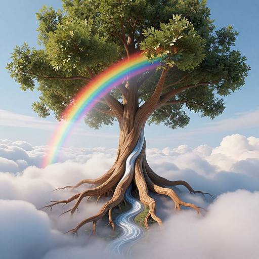 Digital artwork of a majestic tree with twisting roots, surrounded by clouds, a vibrant rainbow arching overhead, and a winding white stream at its base.
