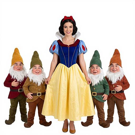 Photograph of a smiling woman in a yellow Snow White dress, flanked by four colorful garden gnomes, white beards, pointy hats