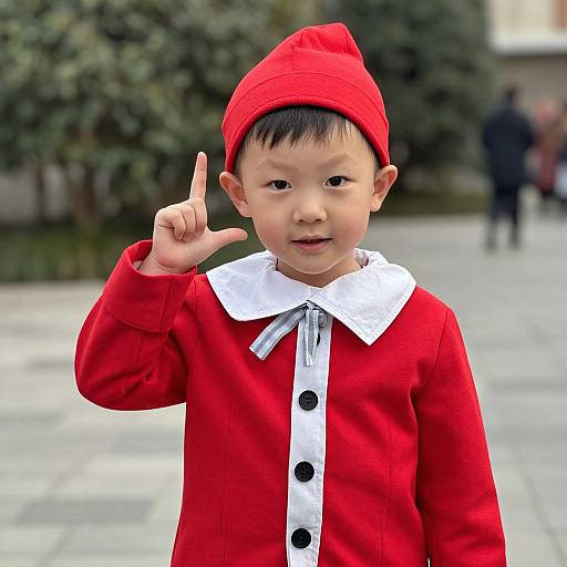 Photograph of an Asian toddler in a red elf costume with white collar and black buttons, pointing up, outdoors with blurred background.
