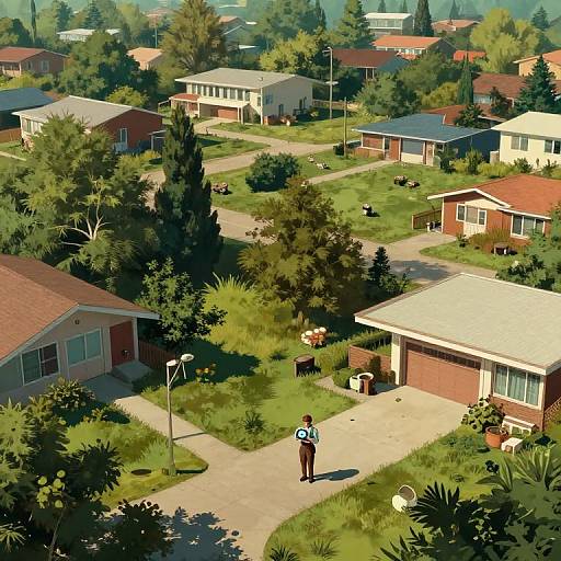 Aerial photo of a suburban neighborhood with a man in a striped shirt standing on a driveway, surrounded by green lawns and red-brick houses,