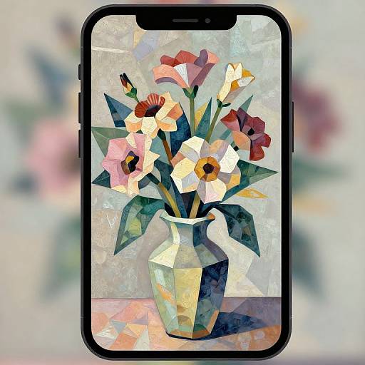 Digital art of a geometric-style bouquet in a vase, displayed on a smartphone with a black frame, featuring colorful, polygonal flowers and green leaves against