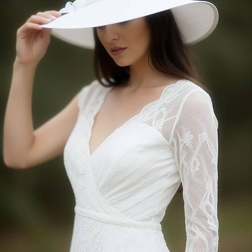 Photograph of a woman in a white, lace-trimmed, V-neck dress and wide-brimmed white hat, partially obscuring her face