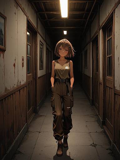 Stylish Anime Girl in Sunlit Hallway
