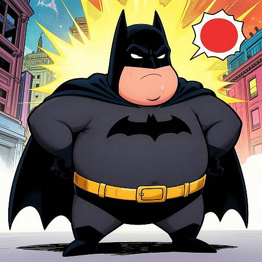 Cartoon-style drawing of a chubby Batman with a black suit, yellow belt, and bat emblem, standing in a city street with a surprised red speech