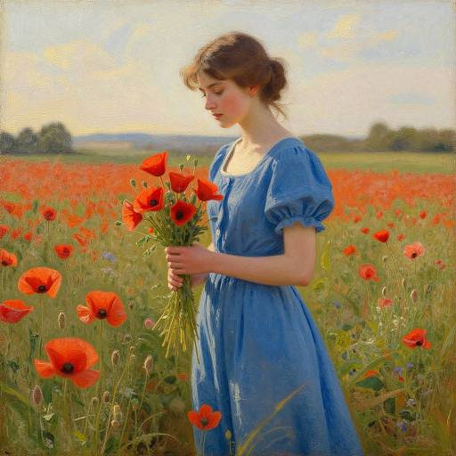 Young woman in blue dress holding red poppies in sunlit meadow, soft-focus background, impressionistic style, serene, gentle, vibrant colors.