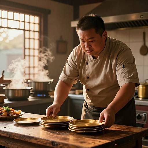 Photograph of a focused Asian male chef in a beige uniform, stacking golden plates on a wooden kitchen counter with steaming pots in the background. Warm