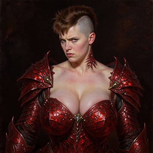 Digital painting of a fierce, light-skinned woman with a mohawk, wearing red, spiked, armored chestplate, and intense expression, against a