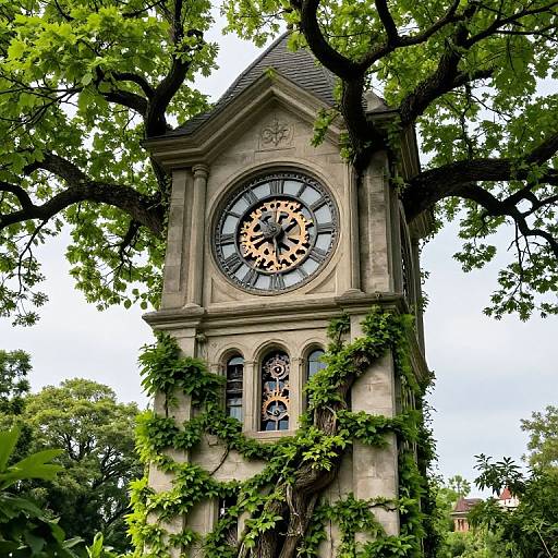 Photograph of an old, ivy-covered clock tower with a circular, black-and-gold clock face, surrounded by tall, leafy green trees