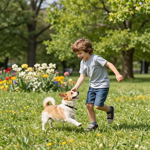 Photograph of a young boy with brown hair in a white shirt and blue shorts, running and playing with a small tan and white corgi in