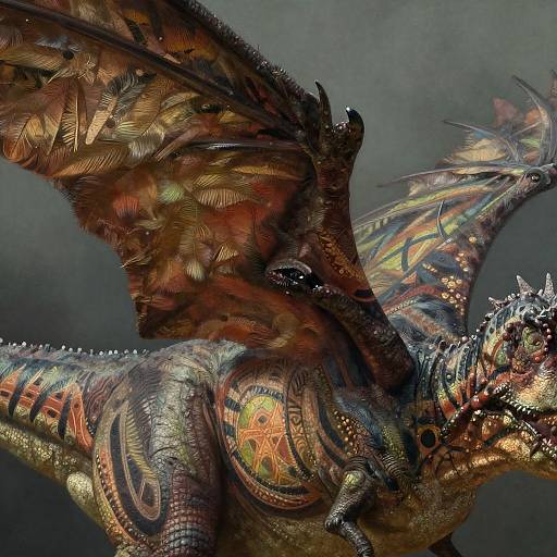 Digital artwork of a detailed, colorful dragon with intricate, feather-like wings and metallic scales. Vibrant patterns and textures dominate the dark, misty background