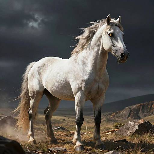 Photograph of a powerful, white wild horse with a flowing mane, standing on grassy terrain under a dark, stormy sky.