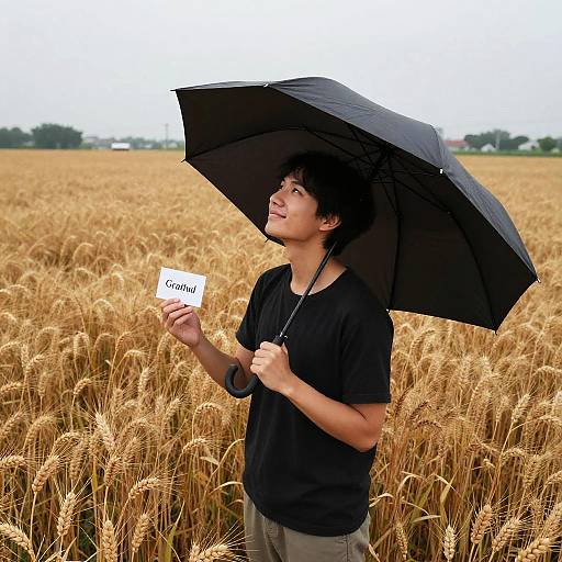 Drone View of Grateful Figure in Wheat Field