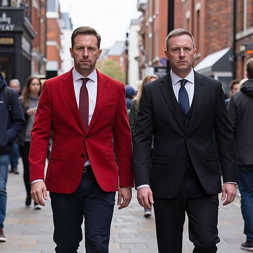 Photograph of two men walking down a city street; one in a vibrant red blazer with a maroon tie, the other in a black suit