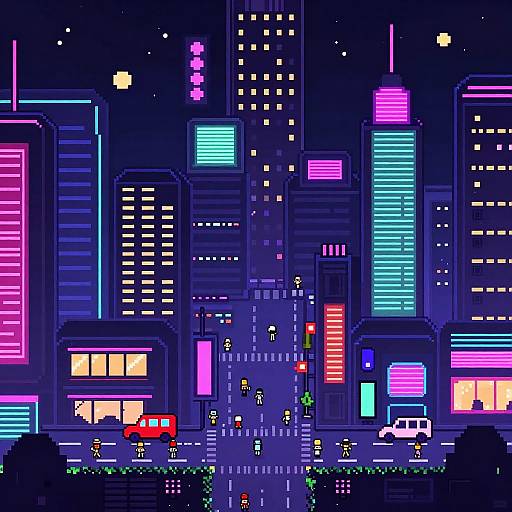 Pixel art of a vibrant neon-lit cityscape at night, featuring colorful skyscrapers, a red bus, white truck, and small figures on