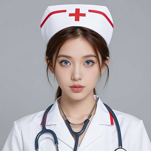 Photograph of an Asian woman with blue eyes, wearing a white nurse's uniform and hat with a red cross, stethoscope around neck, against